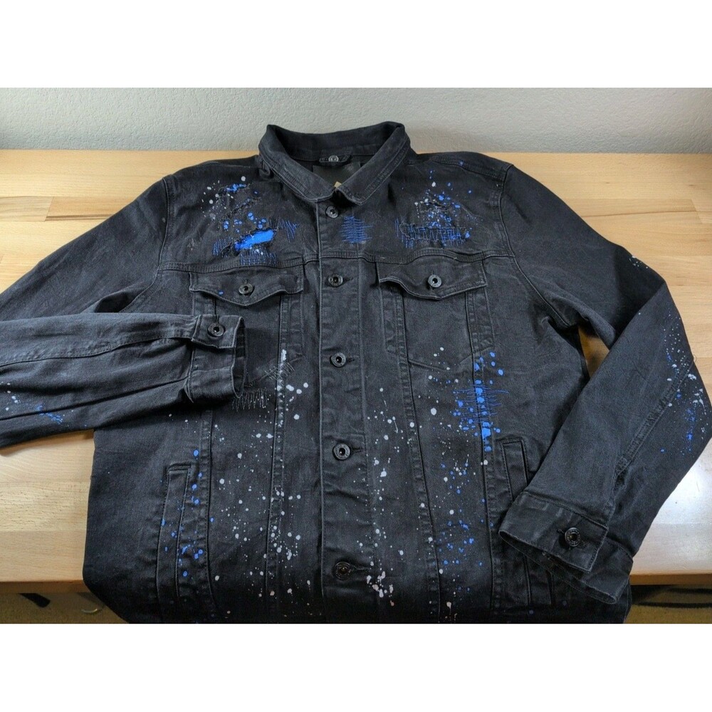 Smoke Rise Distressed Black Denim Jacket Fits Mens Large Paint Splatter Trucker